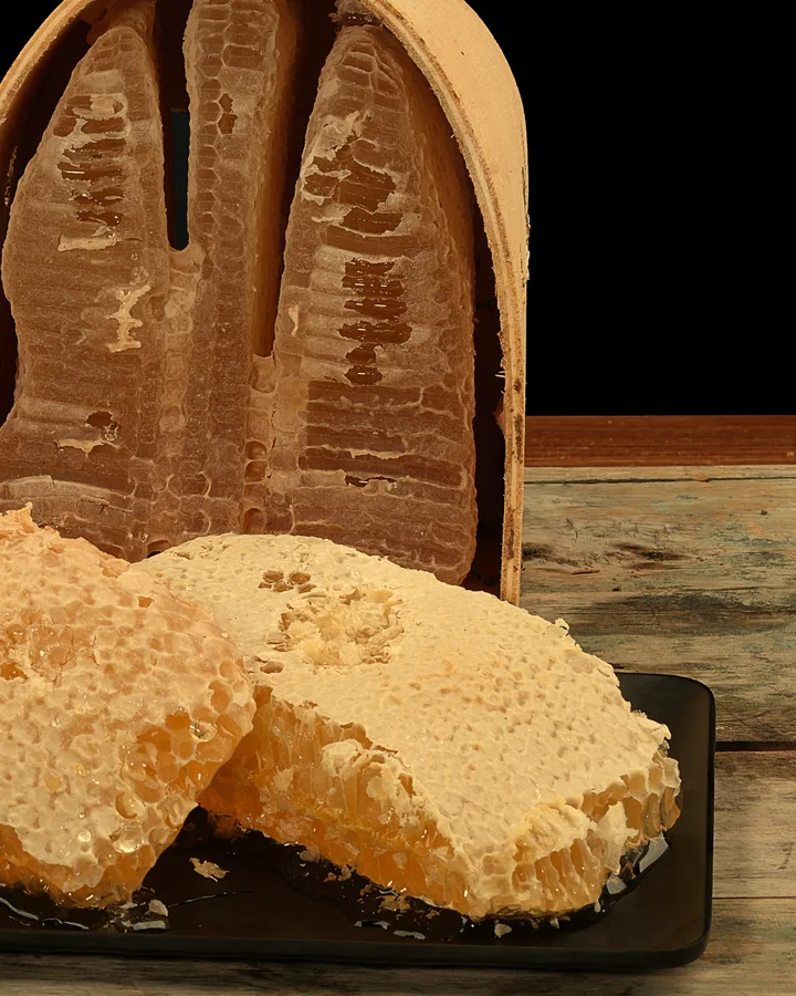 A cut square of comb honey on a plate.